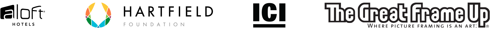 Logos for Aloft Hotels, Hartfield Foundation, ICI, and The Great Frame Up